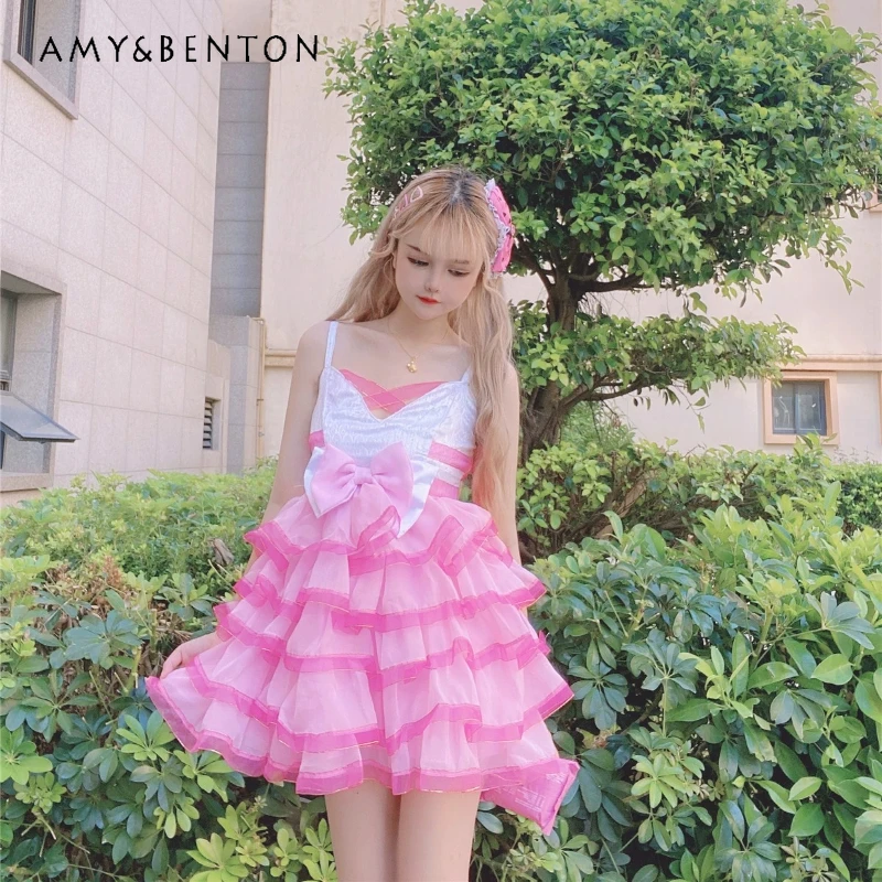 

Japanese Sweet Lolita Cute Bow Women's Dress Original Design 2026 Summer New Ruffled Edge Splicing V-neck Cake Dresses Ladies