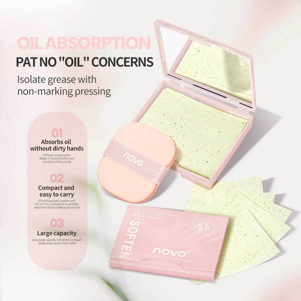 100 vellen olie-absorberend papier met etui en puff draagbaar verfrissend olie verwijderen olie-absorberend gezichtsreinigingsgereedschap met spiegel