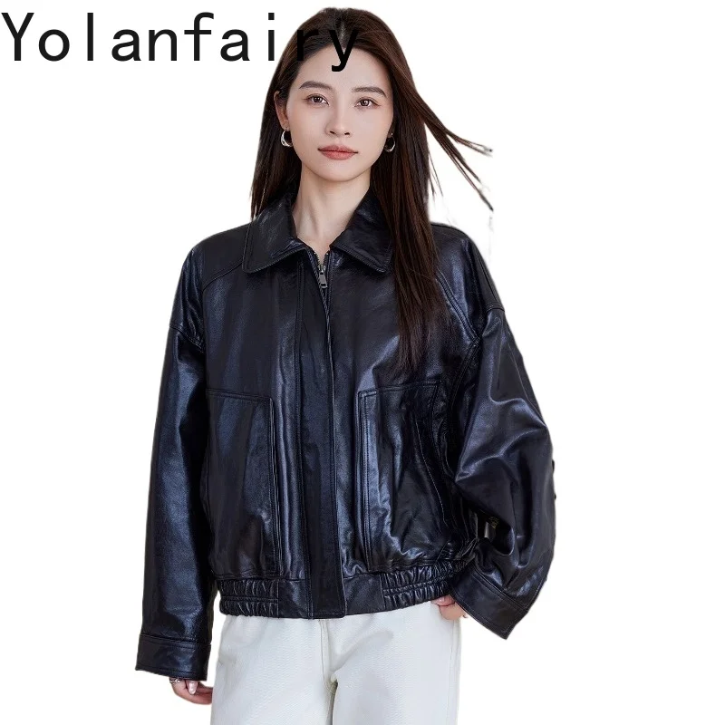 

YOLANFAIRY Oil Wax Sheepskin Real Leather Coat Woman Clothing Loose Genuine Leather Jacket Women Workwear Chic Short Outerwear