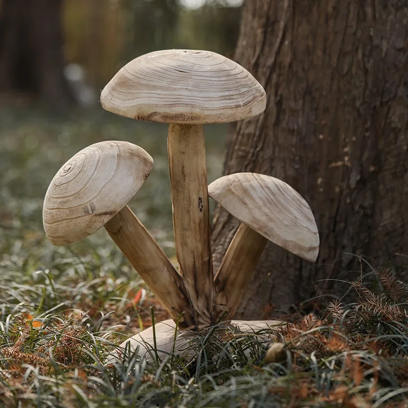 Wooden three headed mushroom handicraft Decorative ornaments for courtyard landscaping Outdoor garden layout landscape