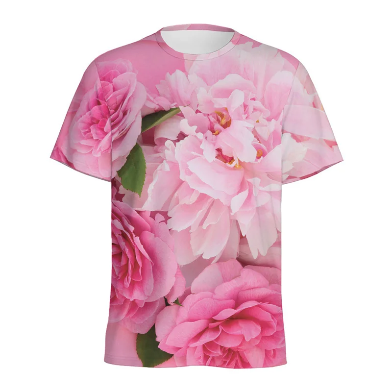 Peony Flower Skull Graphic T Shirts For Men Clothing 3d Printed Pink Floral Short Sleeves Tops Summer Casual Women Tshirt