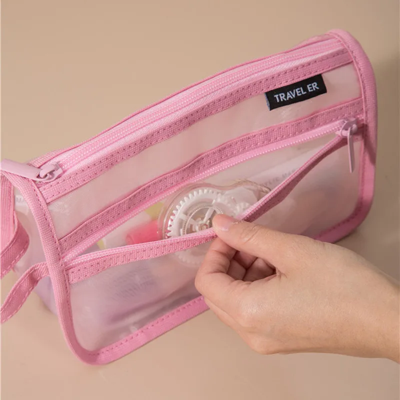 Simple Visible Mesh Makeup Brushes Storage Bag Large Capacity Students Stationery Organizer Bags Colored Nylon Mesh Pencil Case image 6