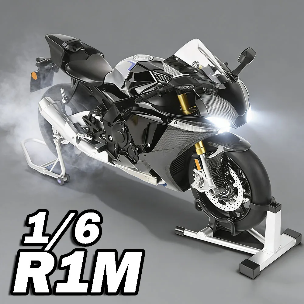 Modelo de pulverización R1M a escala 1:6, juguetes para motocicleta, aleación fundida, sonido, luz, absorción de impacto, dirección de rueda delantera para niños, regalos de Festival