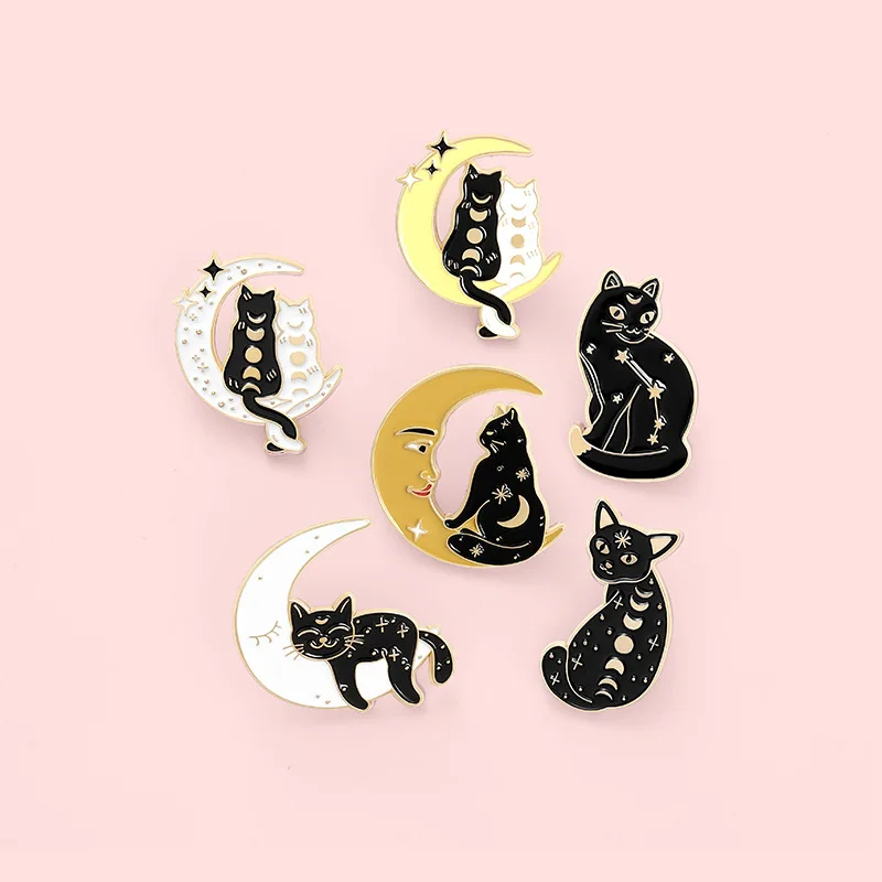 Cat Brooch Black Cat Brooch Halloween Wizard Hat Couple Cat Sun Moon Cat Brooch Black White Cat Alloy Enamel Badge Lapel Pins