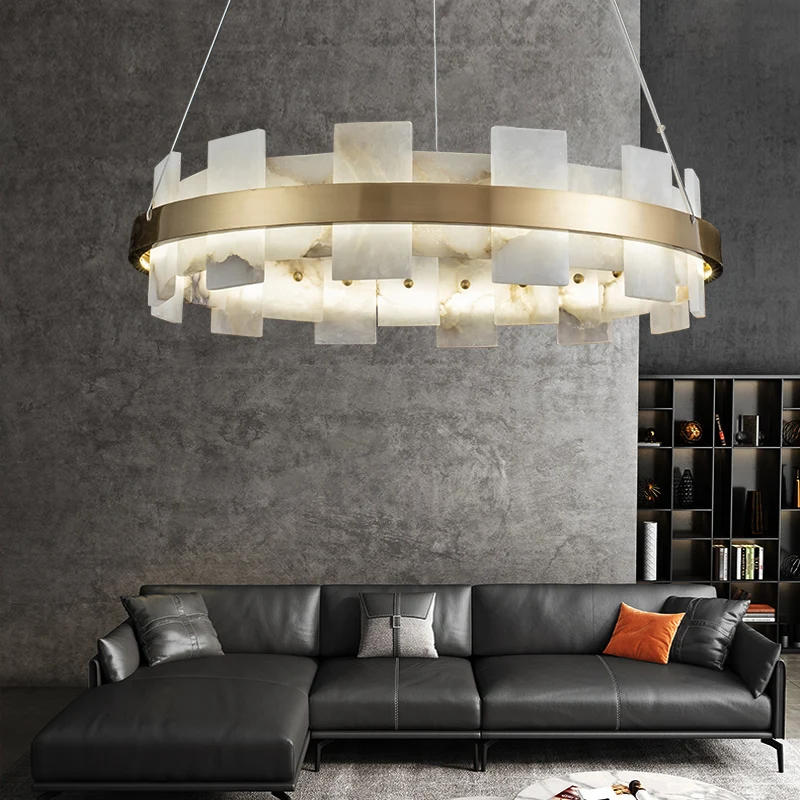 New Chinese Style Light Luxury Living Room Pendant Light All Copper Marble Minimalist Dining Room Light Creating Bedroom study