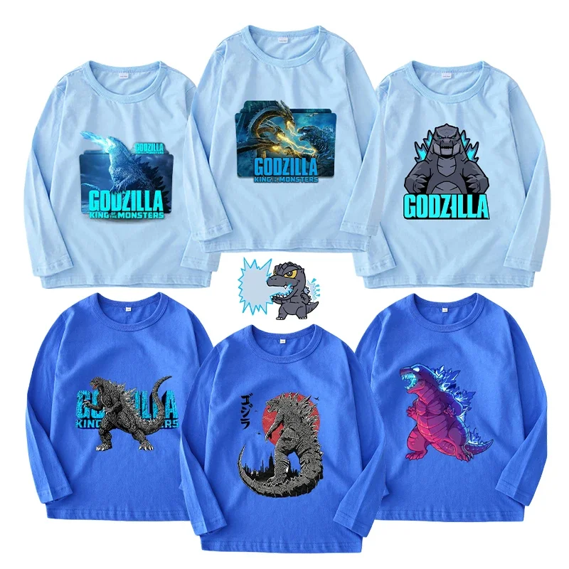 

Godzilla Kong Boys T-Shirt Movie Cartoon Long Sleeve Tees Kids Thin Autumn Pullover Tops Cotton Casual Clothes Anime Child Gifts