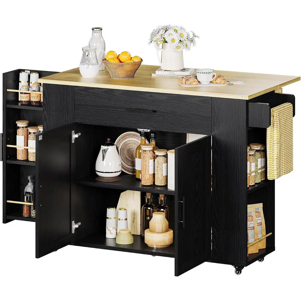 52 in Rolling Kitchen Island on Wheels with Drop Lea and Der. | Kitchen Cart with Drop Lea, Spice and Towel Rack. Large Storage