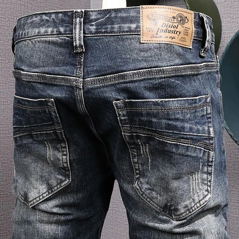 

Newly Designer Fashion Men Jeans Retro Blue Stretch Slim Fit Ripped Jeans Men Italian Style Y2K Vintage Denim Pants Hombre