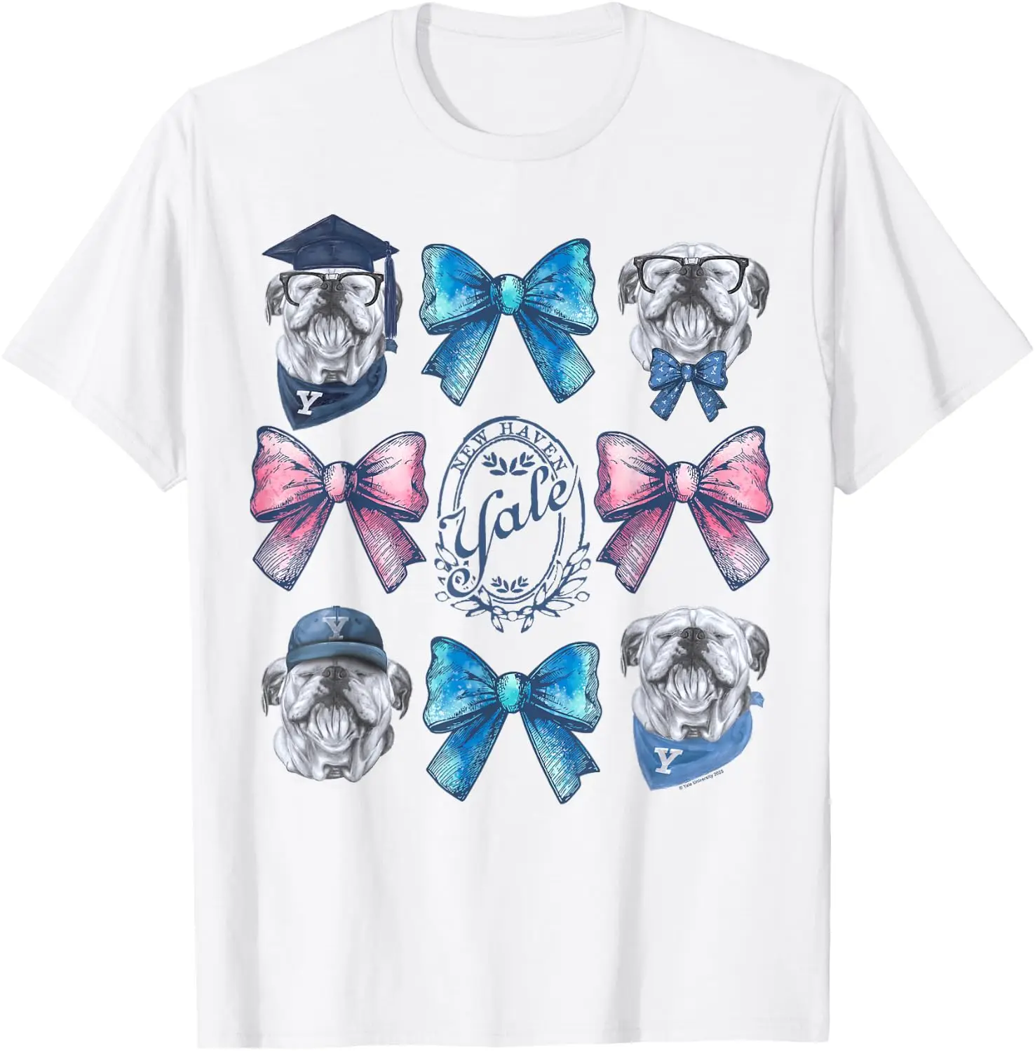 New Haven Yale Handsome Dan Grid Of Bows T-Shirt 100% Cotton Trendy Y2K Short-Sleeve Tee-Soft, Quick-Drying, Moisture-Wicking;