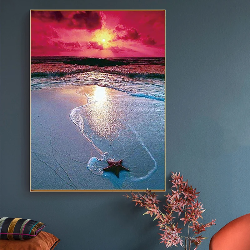 5D DIY Diamond Painting Landscape Coast Beach Sunset Rhinestone Picture Full Round Diamond Embroidery Mosaic Decoration Gift