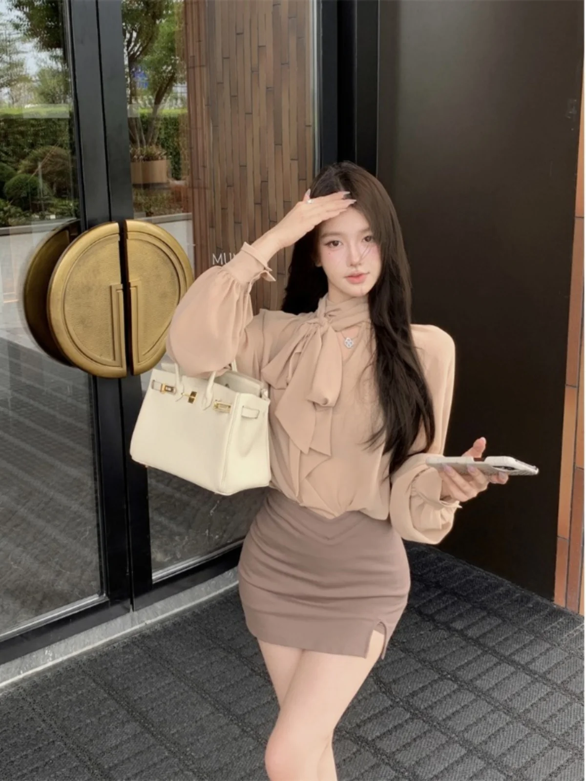Women's Long Sve Chiffon irt  Knot Waist Cinching Loose Personali Top Commute Sle Polyester Fiber Pure Color