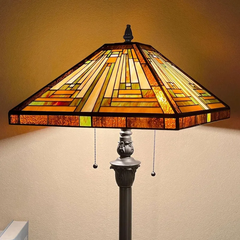 Capulina Tiffany Floor Lamp 2-Light 16X16X63 Inches Amber Brown Mission Antique Style Stained Glass Standing Reading Light