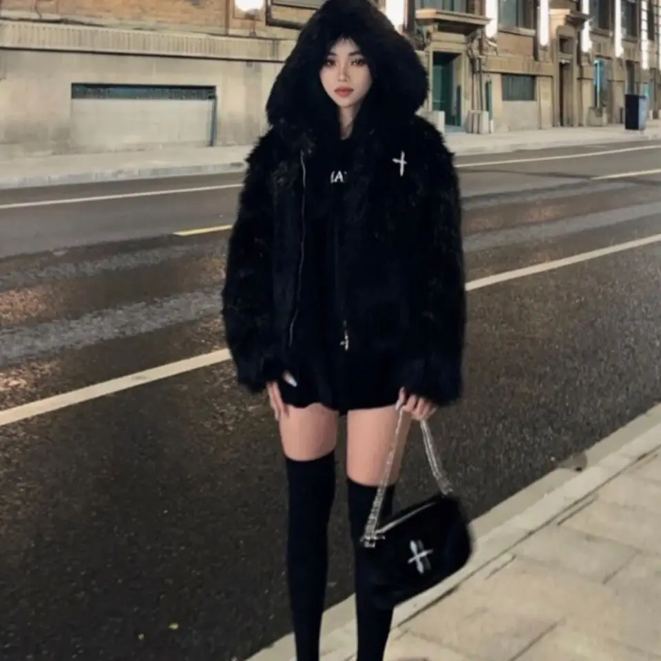 Winter Hooded Faux Mink Fur Jacket Song Snowman Hoodies Imitation Fox Fur Cross Embroidery Bomber Coat Fluffy Parkas Cardigan