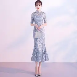 Chinese Traditional Wedding Cheongsam Dress Long Embroidery Qipao Retro Lace Toast Dress Novelty Clothes Dress For Women