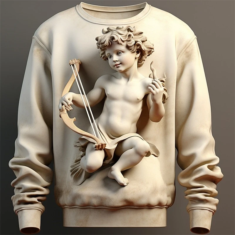 Cupid Statue Sweatshirt Men's Clothing Long Sleeve Pullover Crew Neck Hoodie 3D Print Solid Color Graphic Autumn Sweatshirts