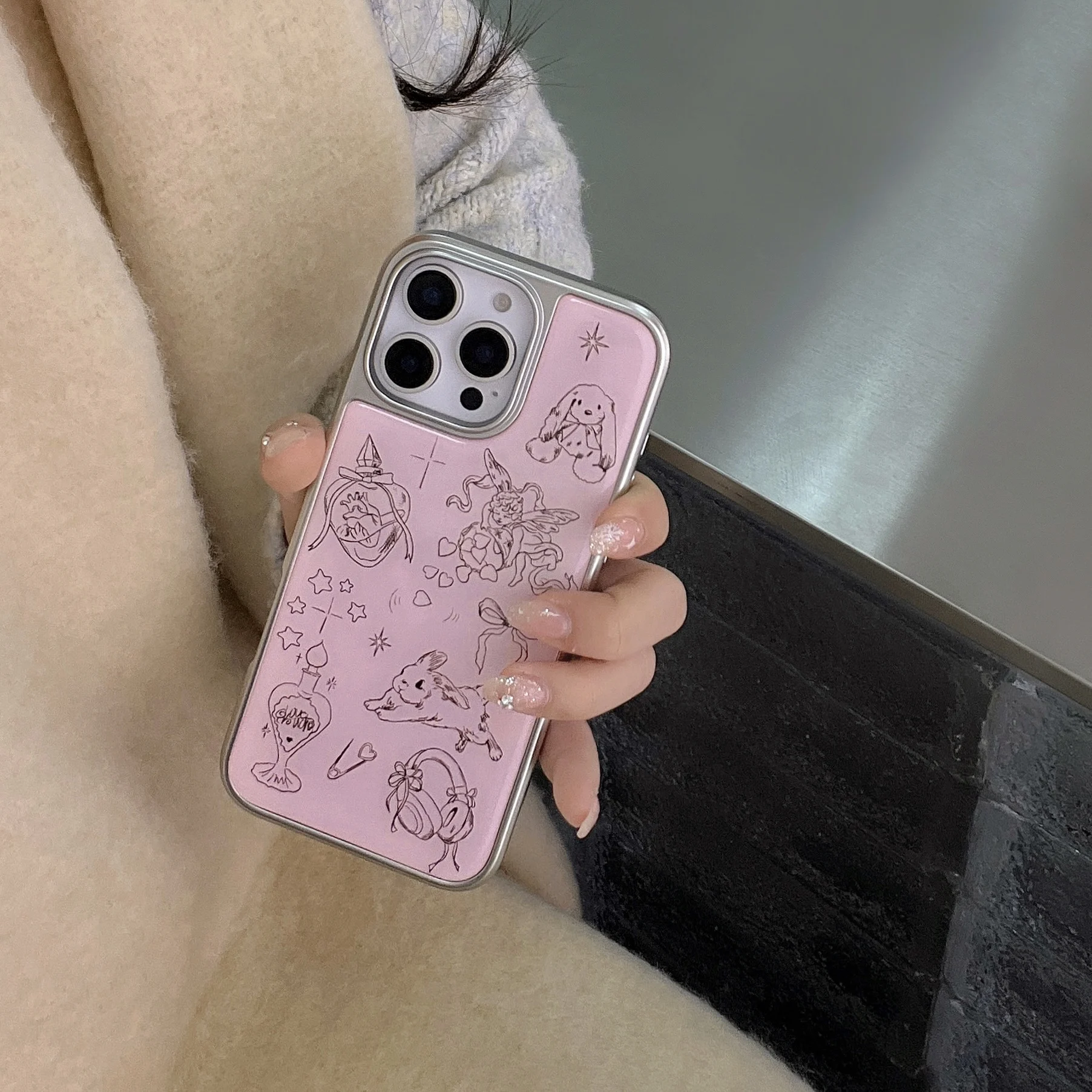 Ins Pink Angel Rabbit Cartoon Bow Love Heart Electroplated Edge Phone Case for iPhone 16 15 14 13 Pro Max 12 Back Cover Funda