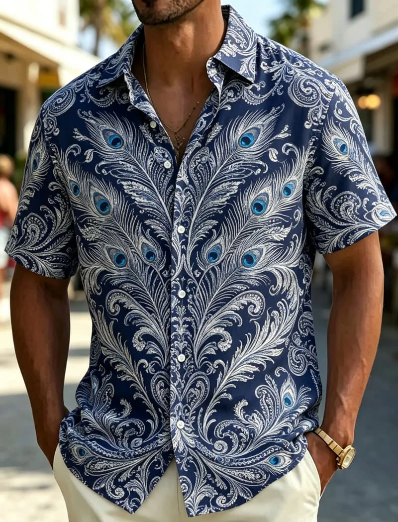 2026 Men's Ornate Bohemian Floral Print Casual Shirt, Breathable Top for Summer Vacation Party Travel and Daily Wear