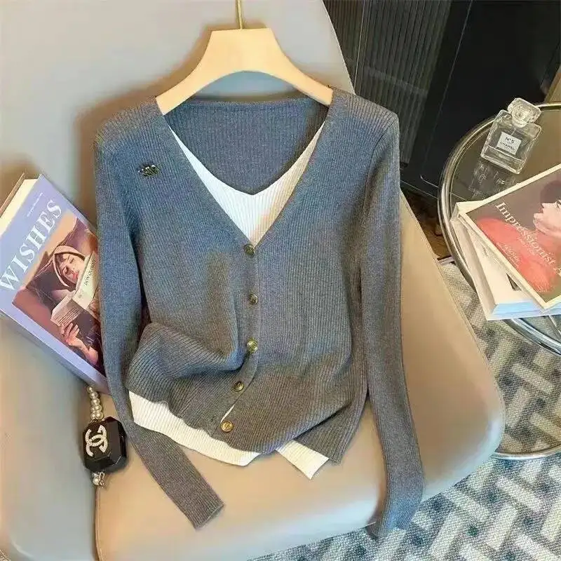 

Женский корейский модный лоскутный искусственный вязаный свитер из двух предметов, женский винтажный элегантный тонкий базовый пуловер с v-образным вырезом и длинными рукавами