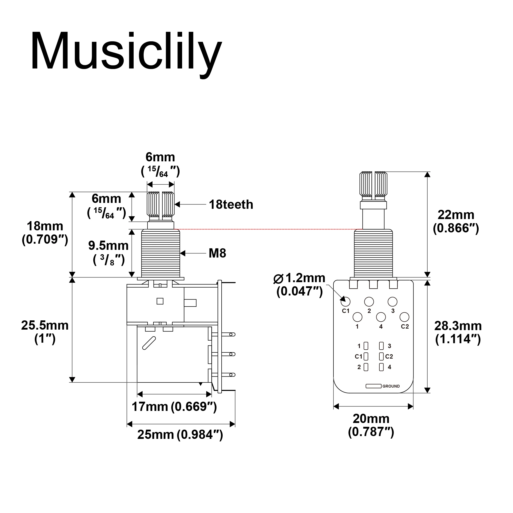 Musiclily Pro A250K/B250K/A500K/B500K PCB Mod DPDT Push-Pull Brass Pot Metric Split Shaft 9.5mm Potentiometer for Guitar Bass