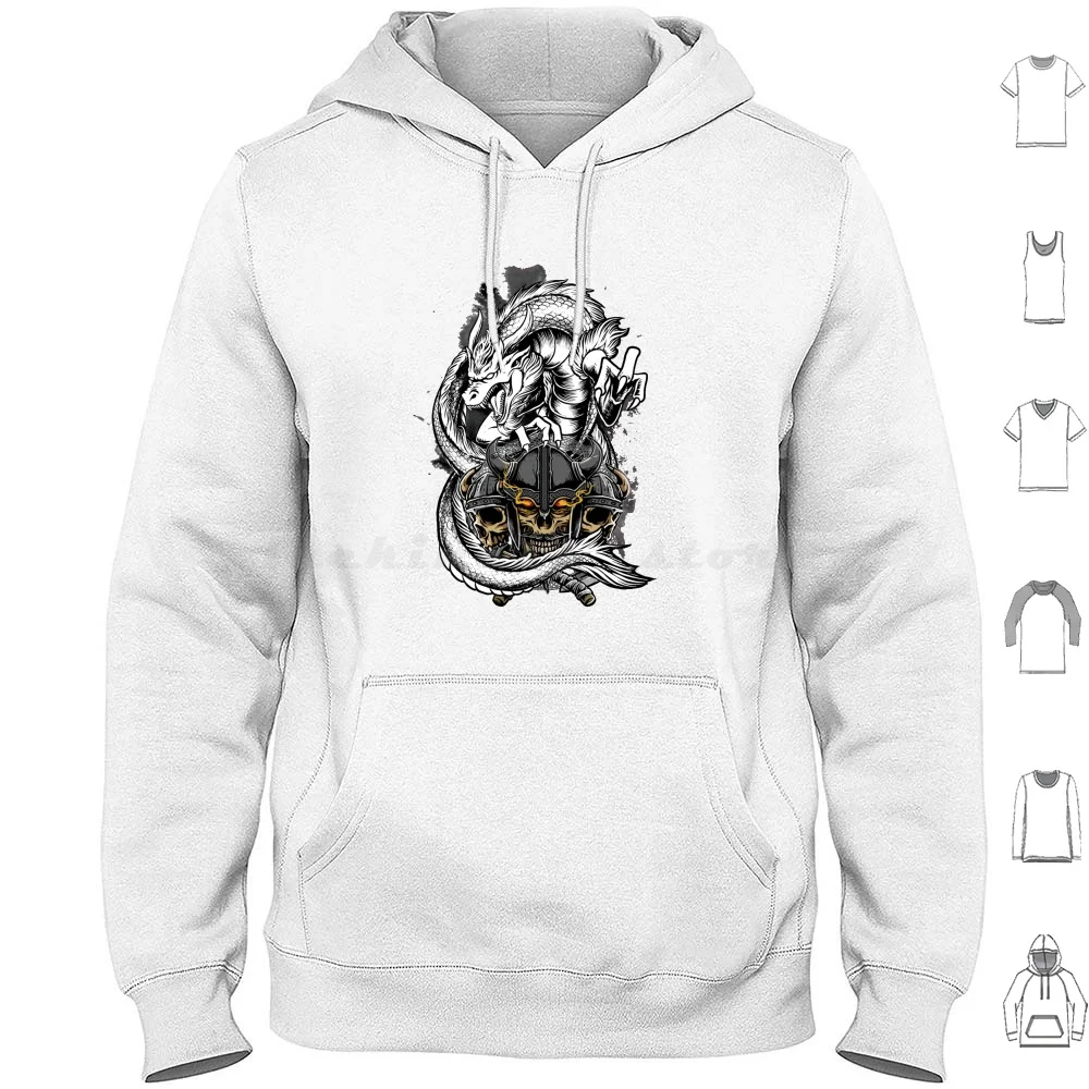 White Dragon Hoodie Cotton Long Sleeve Dragon Kite Skull Viking Fantasy Antique