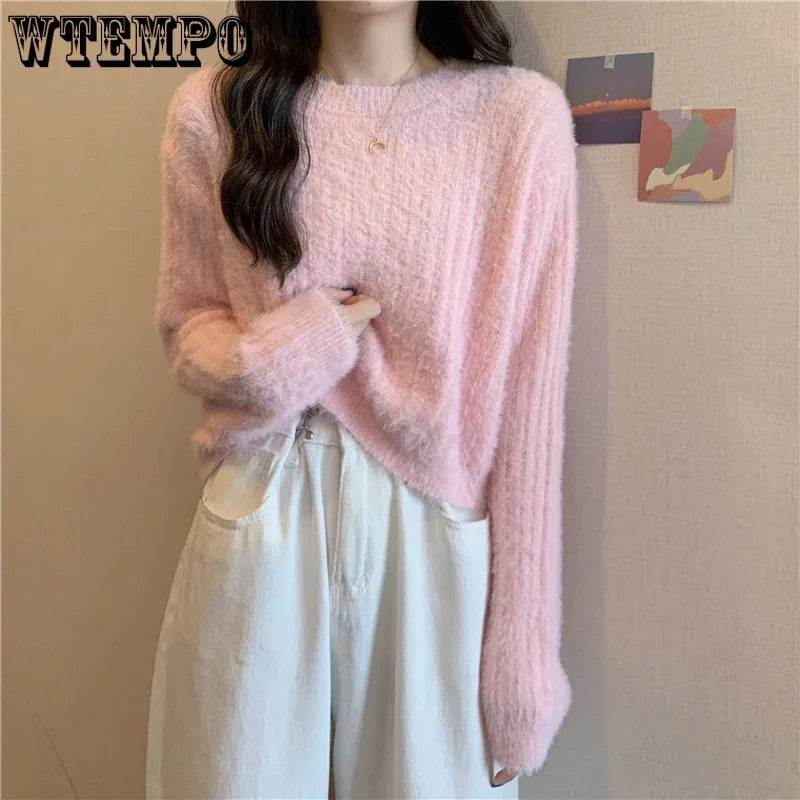 Y2K Cropped Sweater Pink Furry Solid Korean Fashion Pullover Knitted Sweaters Autumn Winter Long Sleeve Mohair Jumper Short Top