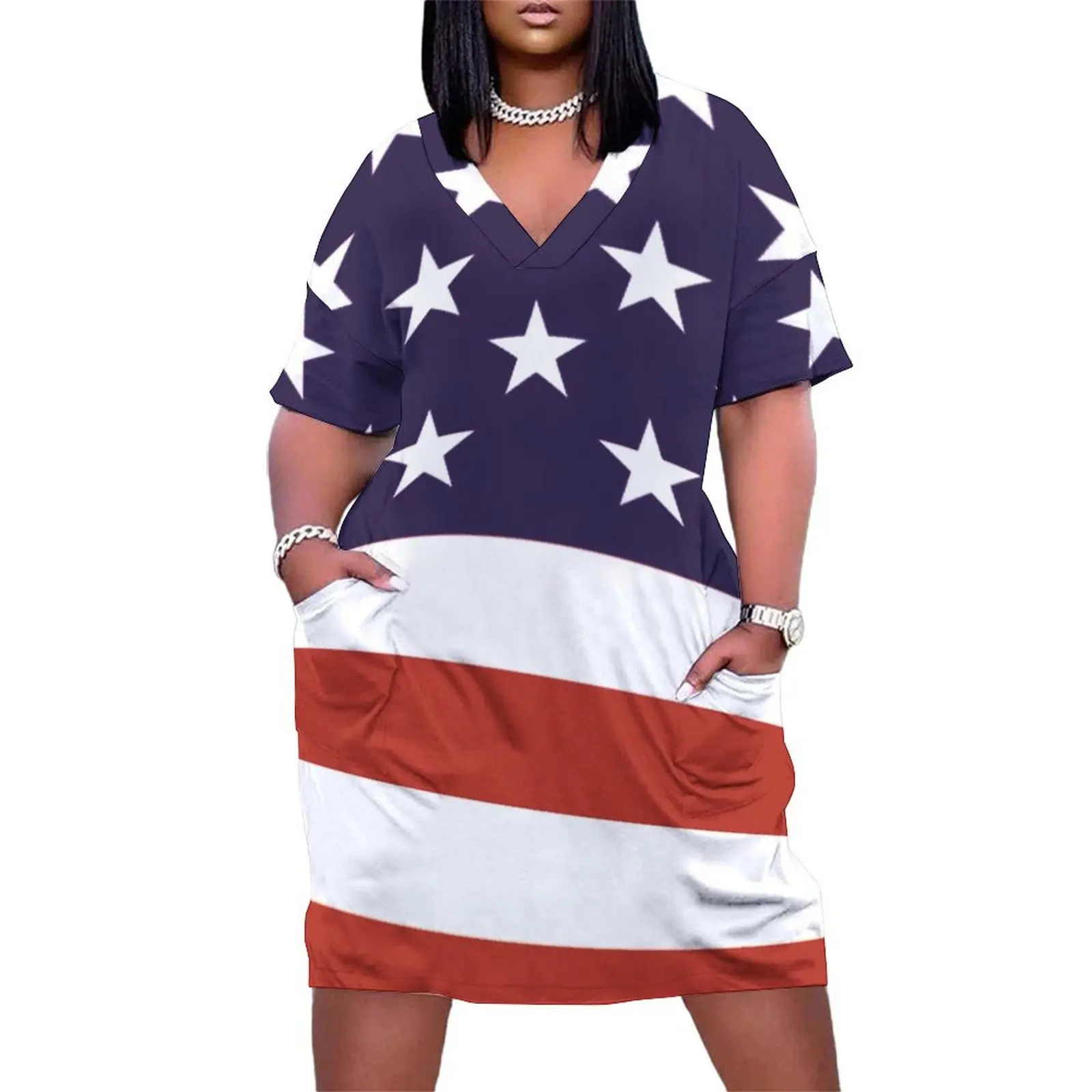 

Stars and Stripes Red White and Blue USA Flag Loose Pocket Dress summer clothes evening dress dress korean style