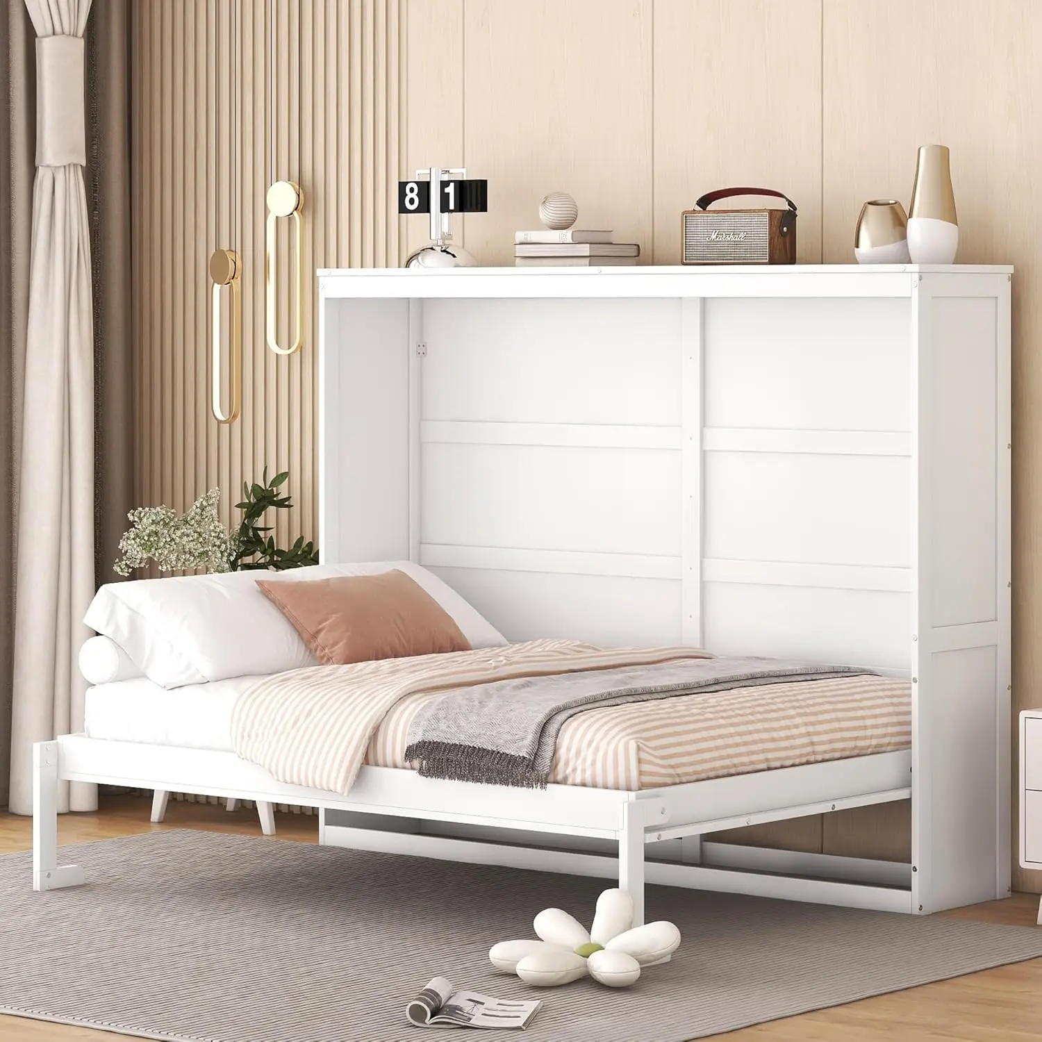 P Purlove Murphy Bed Full, Modern Wall Bed With Dual Piston Metal Folding Mechanism, Wood Murphy Bed Frame For Adult, Teenager,