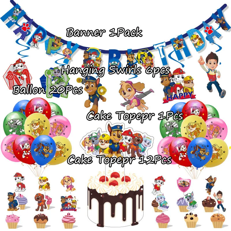 PAW Patrol Tableware Set Event Toy Gift Party Supplies Banner Cake Topper 12in Latex Ballon People Wedding Supplies Decoration