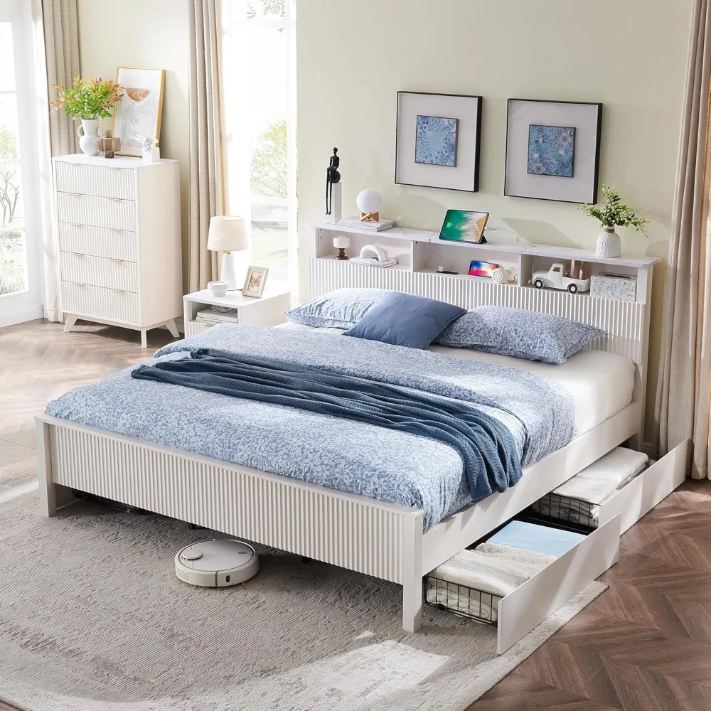 Fluted Panel King Bed Frame with Bookcase Headboard & Charging Station, Modern Wood Platform Bed with 4 Drawers