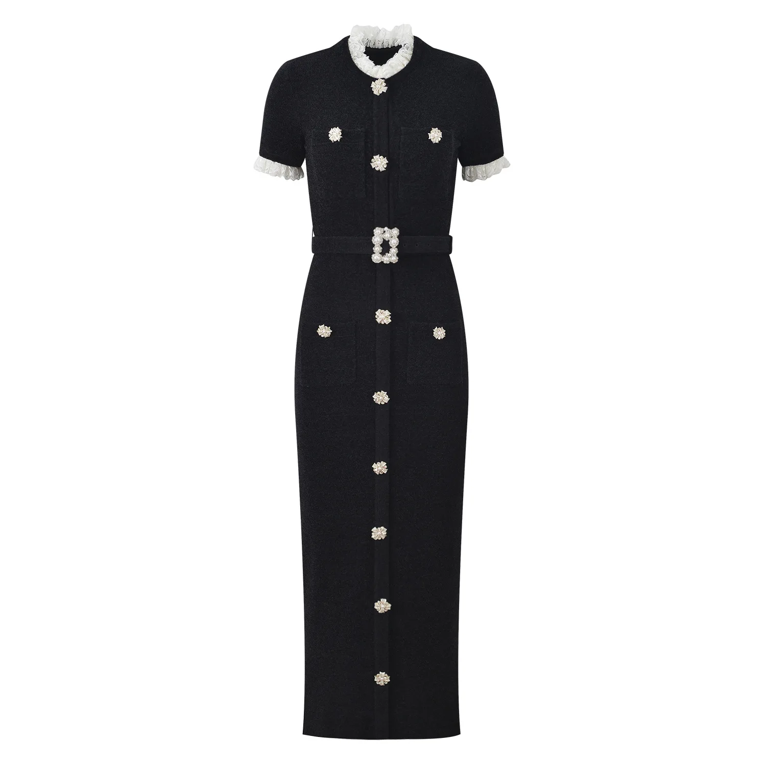 

Women's round neck short sleeved slim knit dress, lace velvet elegant diamond studded luxury party midi robe