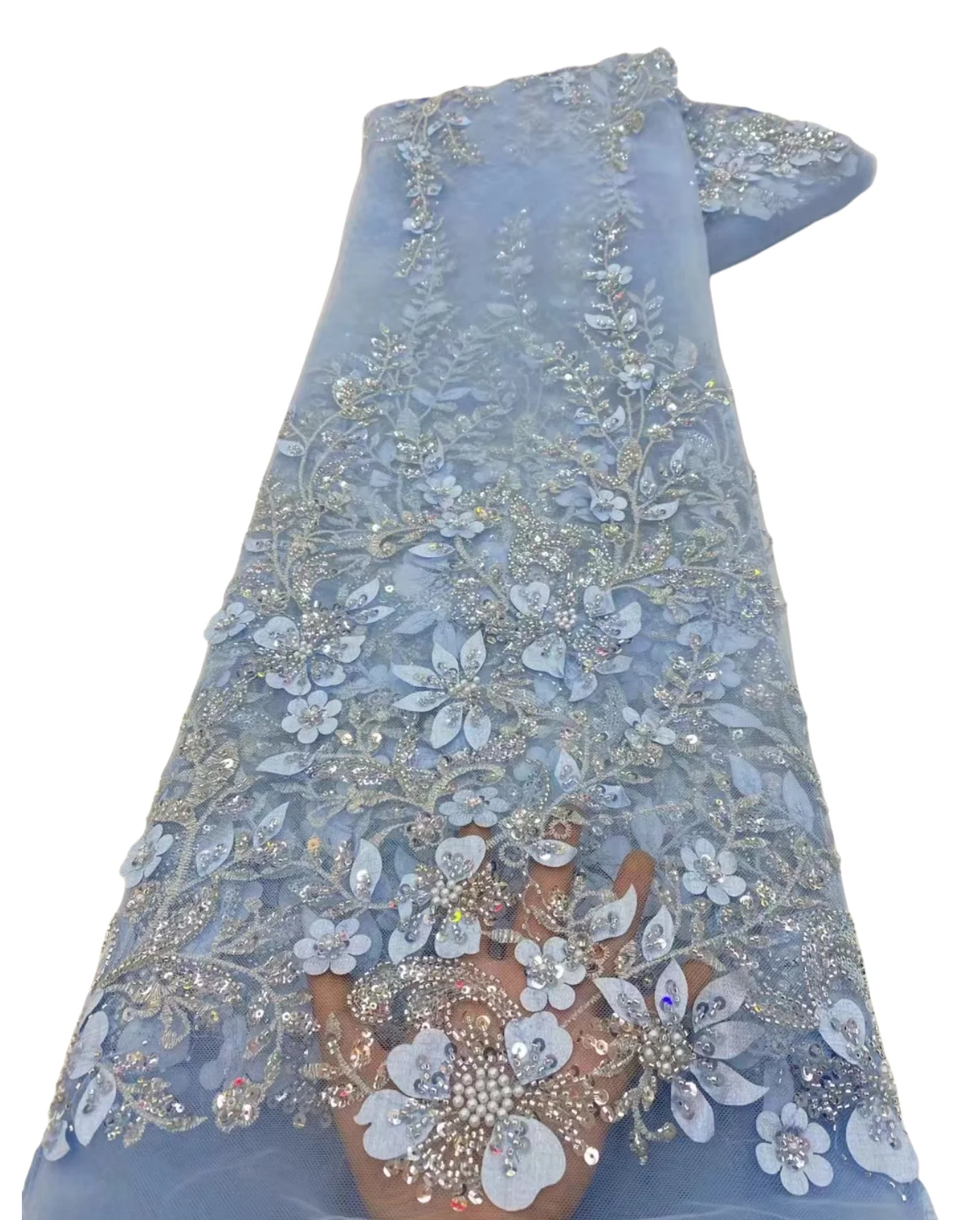 1 Yards African Sequins Beads Lace Fabric 2025 High Quality 3D Flower French Mesh Tulle Embroidery Wedding Bridal Lace