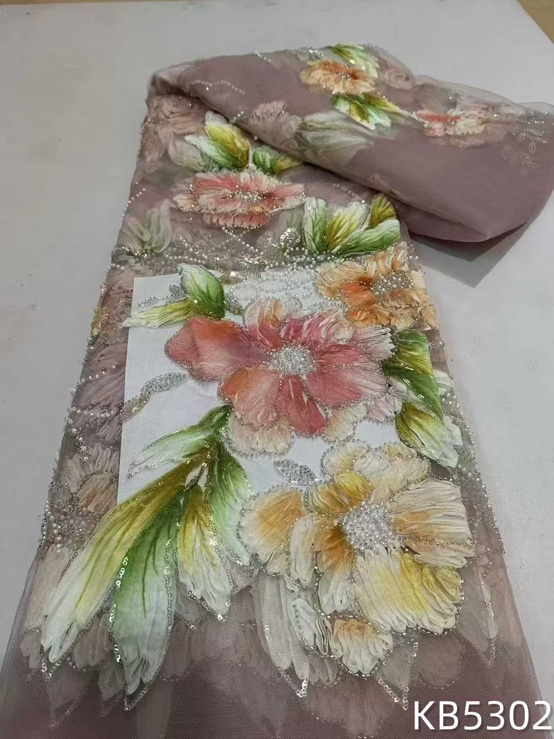 

3D кружевная ткань с цветочным узором и бисером, роскошные кружева со стразами, распродажа, 5 ярдов, Дубай, кружевные ткани с бисером, французское сетчатое кружево для шитья KB5302