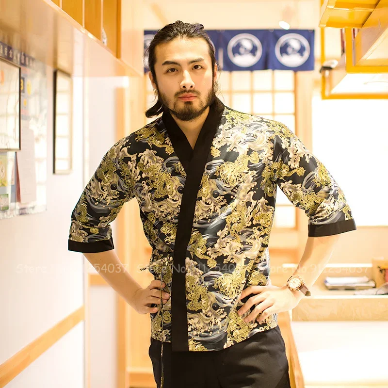 Kimono estampado para hombre, uniforme de trabajo de Chef, Sushi, restaurante, abrigo, bata de servicio de comida, estilo japonés, chaquetas de cocina, camisa de blusa