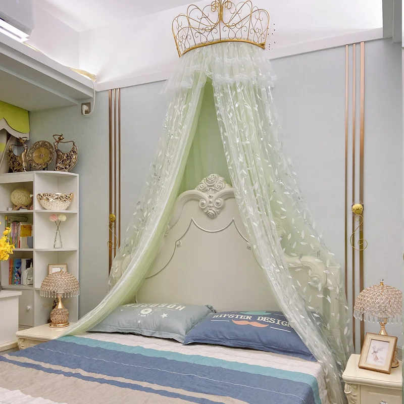 

Princess Bed Curtain With Crown Children Beauty Salon Decorative Yarn Bedroom Bed ValcanceNordic Fruit Green Girl Mosquito Net