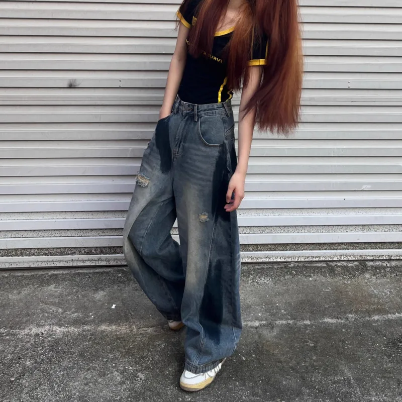 Trendy 2000s Baggy Jeans Youthful Women Fashion Y2k Hip Hop Wide Leg Brushed Denim Pants 90s Vintage Grunge Oversize Jeans Girls