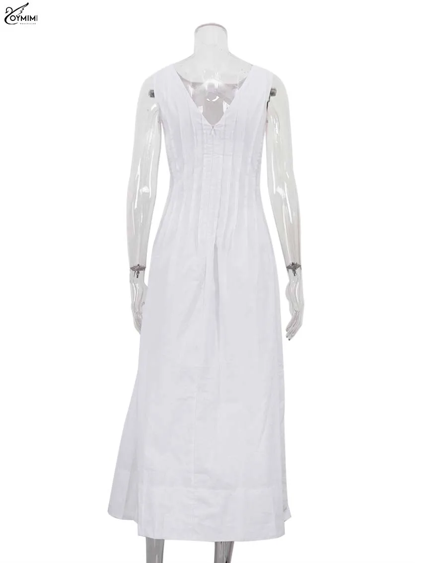 Oymimi ลําลองผ้าฝ้ายสีขาวชุดสตรีแฟชั่น O-คอแขนกุดชุดเดรส Elegant เปิดกลับข้อเท้าความยาวชุดหญิง