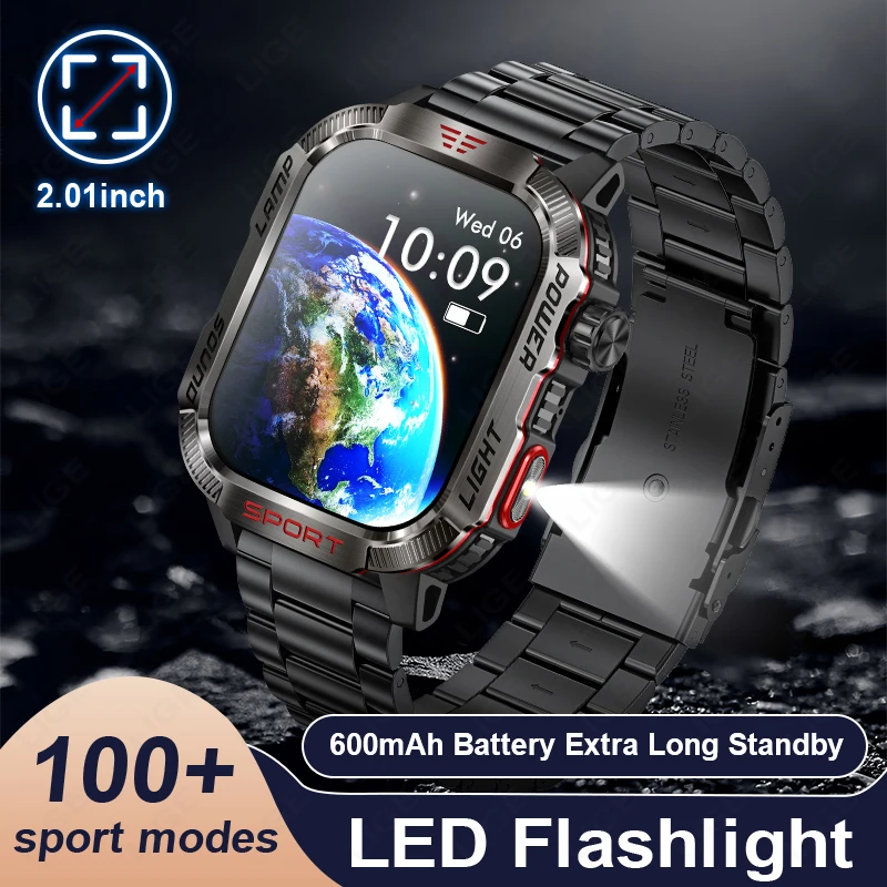 

LIGE 2.01" HD Outdoor Men Smart Watch 3ATM Waterproof 600Mah Battery Compass LED Flashlight Bluetooth Call Smartwatch For Xiaomi