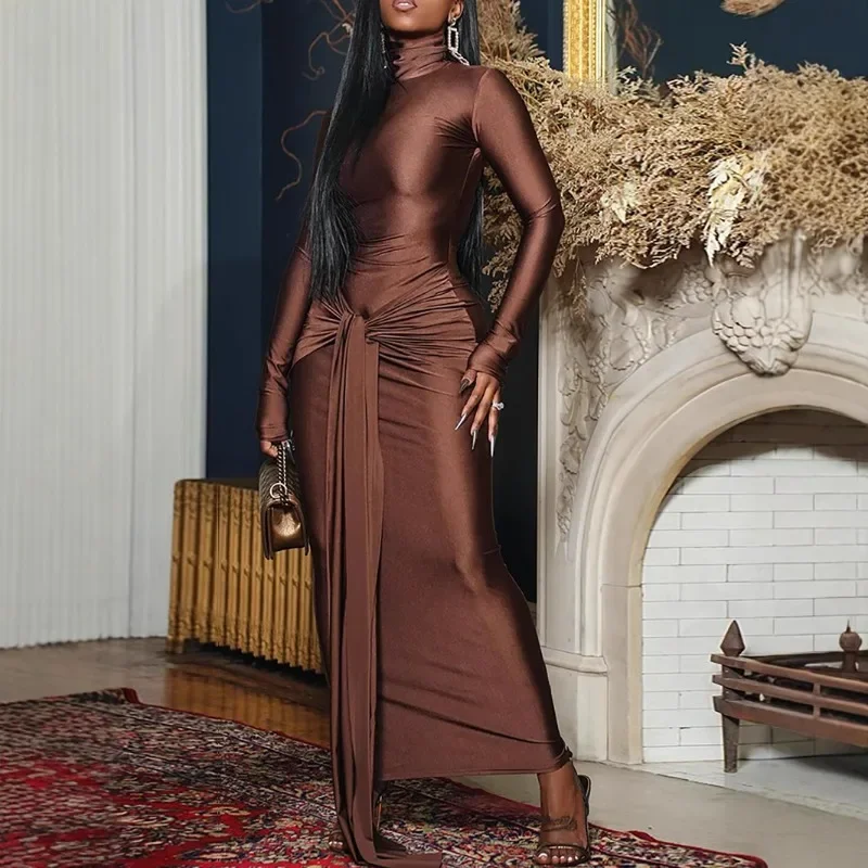 Frauen Fashion Lace Up Band Bodycon Maxi Kleid Rollkragen Volle Hülse Schlank Party Lange Robe Casual Streetwear Weibliche Vestidos