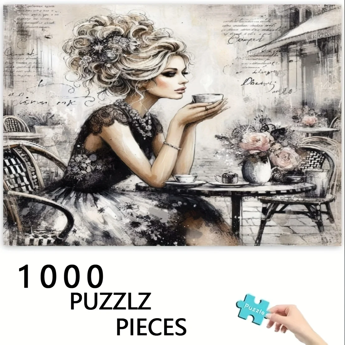 1000ピース ジグソーパズル - エレガントな女性と花柄のテーブルシーンを描いたヴィンテージティーパーティー、厚紙の難しいパズル（大人向け）