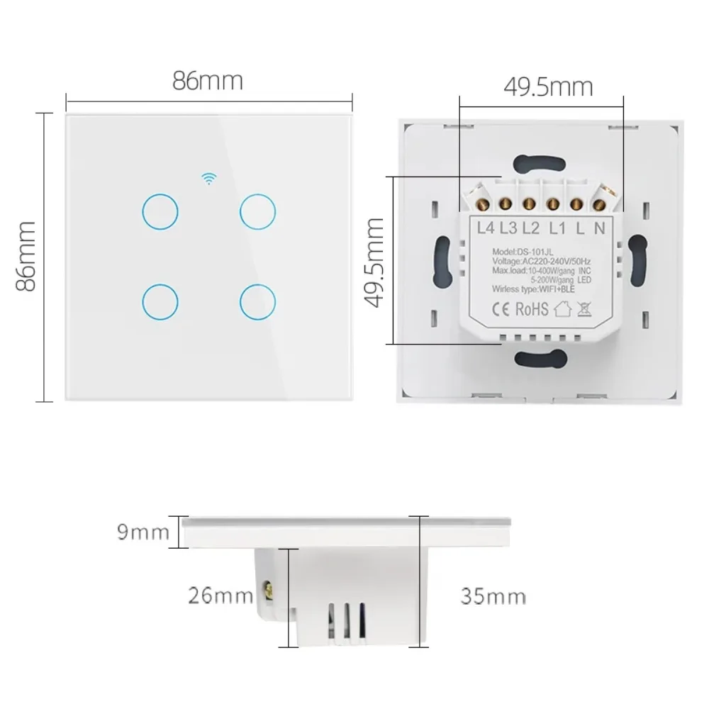 Smartlife-WiFi Smart Switch Home 220V Touch Light Switch,with/without Neutral Wire, Works with Alexa Google Home, 1/2/3/4 Gang.