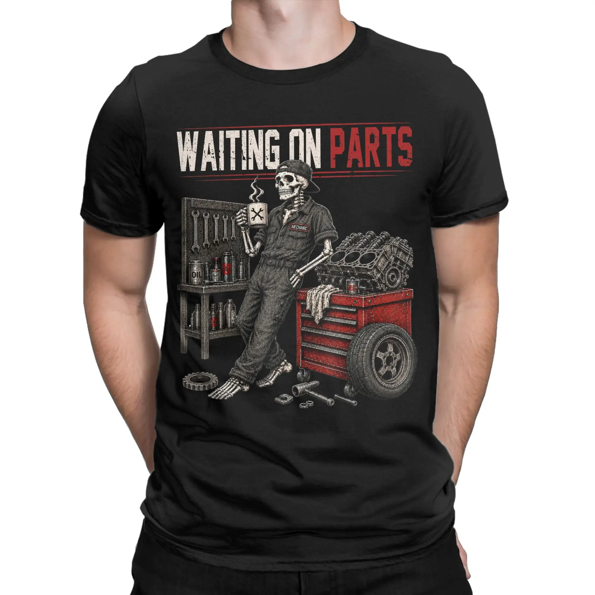 Waiting On Parts Mechanic Skeleton Auto Repair Life T-Shirt Beach  Cotton T-Shirts For Adult Print Tee Shirt Short Sleeve Tees