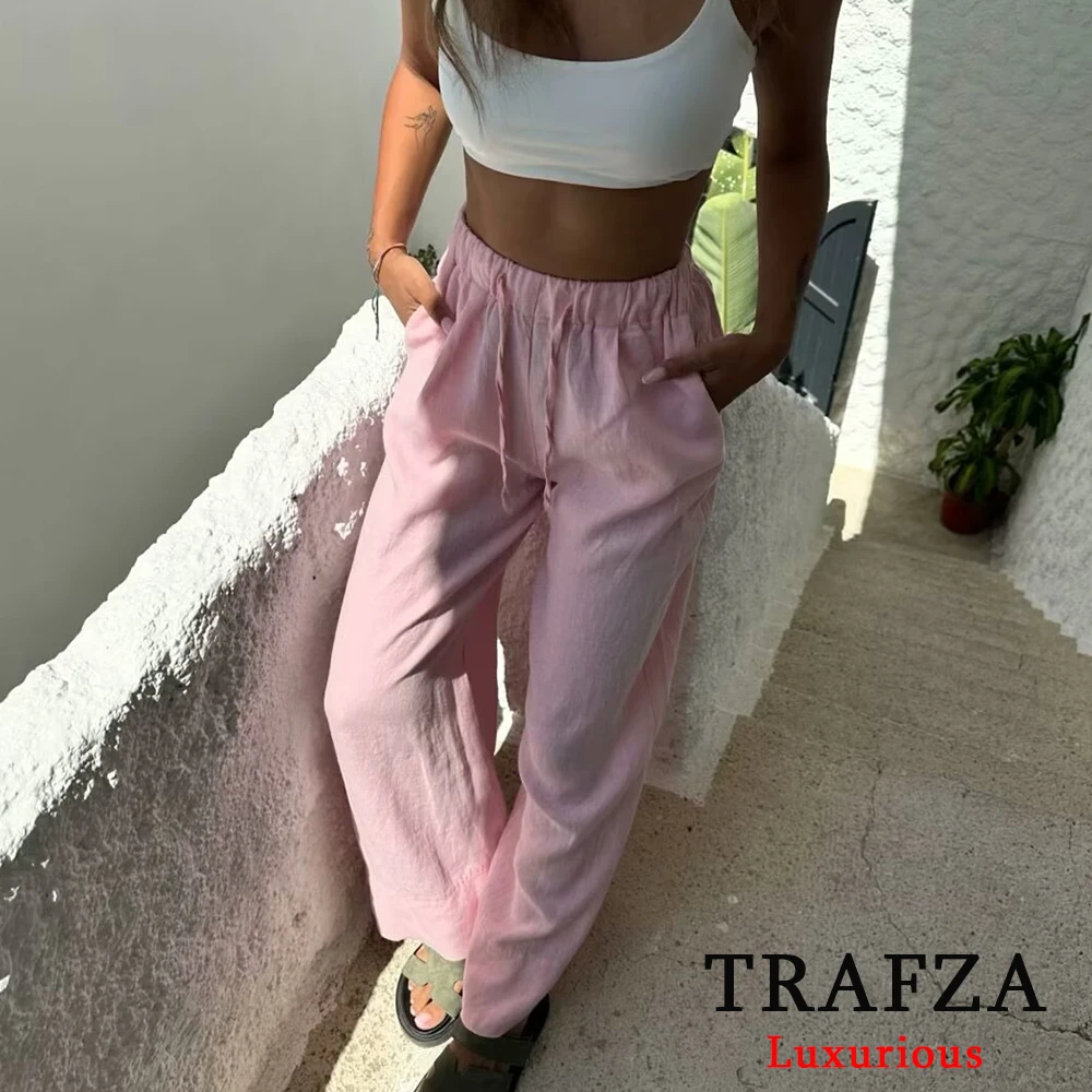 TRAFZA Casual Loose Women Suits Long Sleeve Buttons Shirt+High Waist Wide Leg Elastic Pants Fashion 2024 Summer Vintage Sets