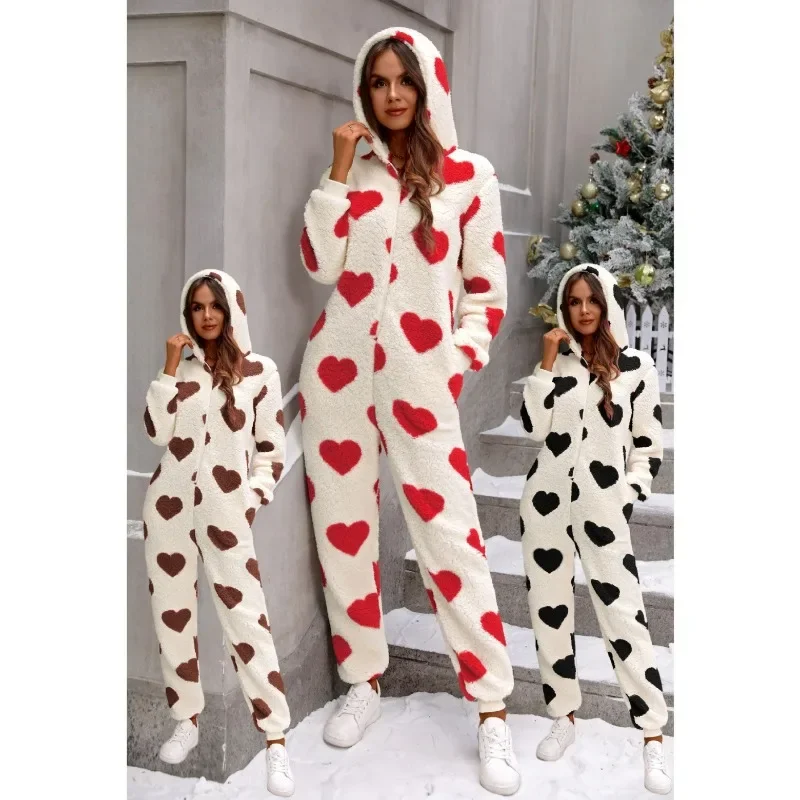 2024 New Cross-border European and American Women's Clothing Amazon Autumn and Winter Plush Love Print Christmas Hooded Jumpsuit