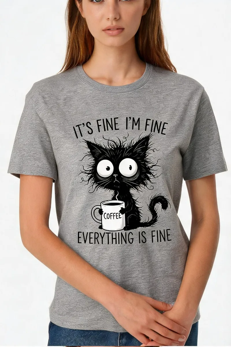 Women 100% Cotton Casual Top Funny Messy Black Cat Coffee It's Fine Slogan Print Daily Streetwear Crew Neck Short Sleeve Top