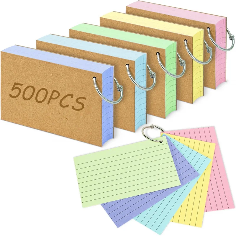 500 Pcs Color Index Cards 3x5-inch Ring Flash Cards Double-Sided Ruled Note Cards Grid-Ruled Study Cards Heavy-Duty Note Cards