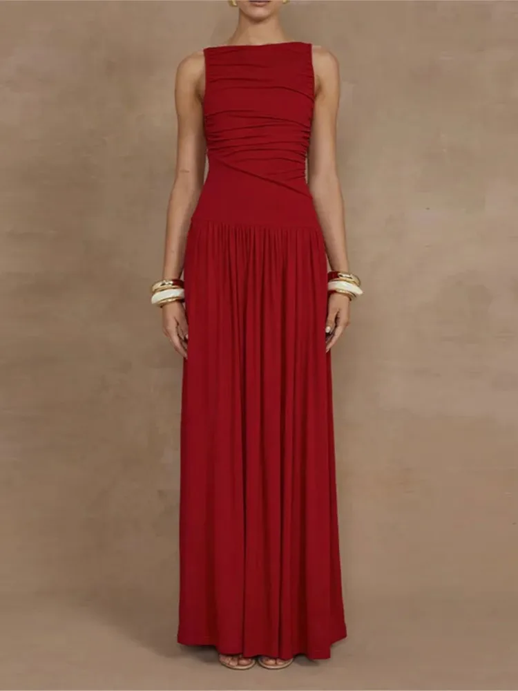 

Summer Elegant Sleeveless Maxi Dresses For Women Fashion Solid Boat Neck Tank Dresses Ladies Sexy Folds Long Dress New Gown
