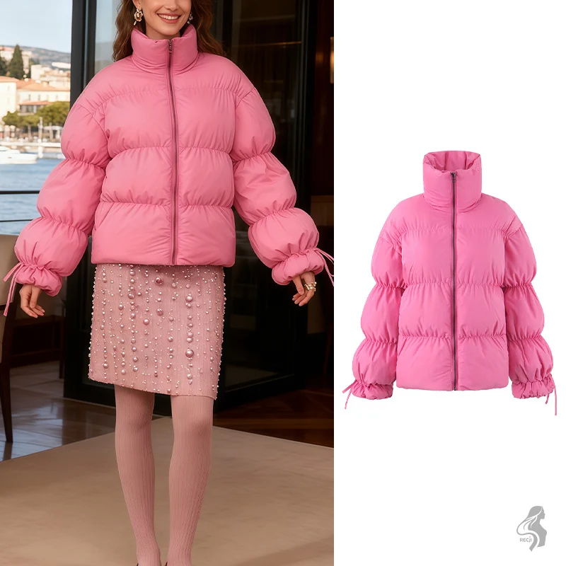 

Bubble Sleeve Magenta Cotton Jacket Stand Collar Zipper Short Coat Trendy And Stylish Winter Womens Outerwear For Streetwear