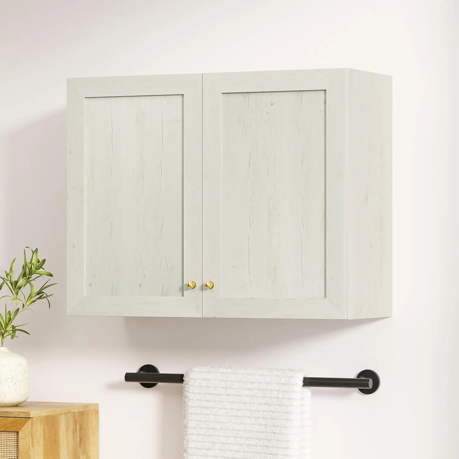 Wall Mounted Storage Cabinet Adjustable Shelves Floating Cupboard Organizer for Laundry Bathroom Kitchen Pantry, Antique White,