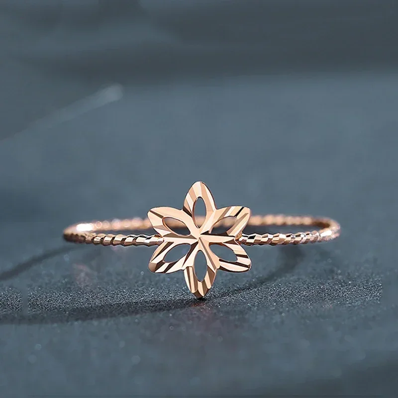 585 Purple Gold 14K Rose Gold Hollow Six-petal Flower Rings for Women Open Temperament Sweet and Charming Engagement Jewelry