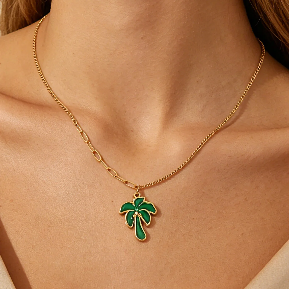 18K Gold Green Coconut Tree Necklace For Women Men Stainless Steel Palm Tree Necklace Saudi Arabia Ramadan Jewelry Gifts